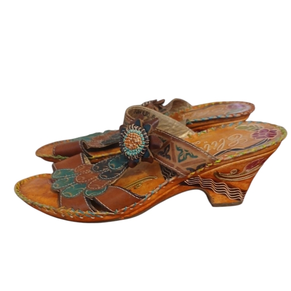 Elite Navajo Painted Leather Sandaks Bohemian Mosaic Open-Toe Mules Size 8 - Picture 6 of 11